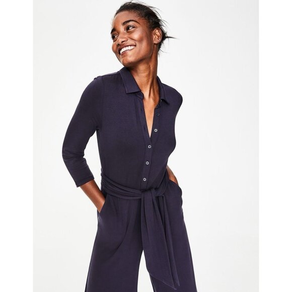 BODEN Beatrice Jersey Jumpsuit Size 8P Navy pockets Stretch Long Sleeves Belt - Picture 3 of 16